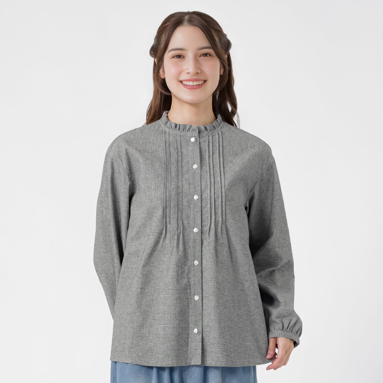 オーガニック綿糸 ピンタックフリルブラウス レディス SELF+SERVICE(セルフ＋サービス) PLS-71269-SS(ウスクロ-M)