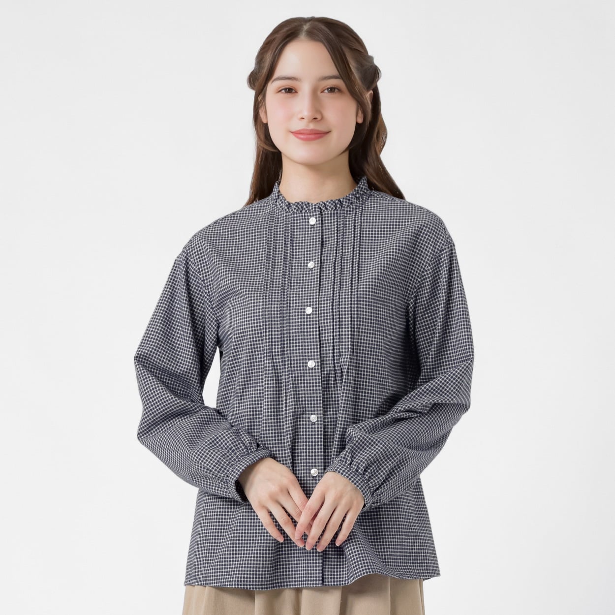 オーガニック綿糸 ピンタックフリルブラウス レディス SELF+SERVICE(セルフ＋サービス) PLS-71269-SS(コイアオ-XL)