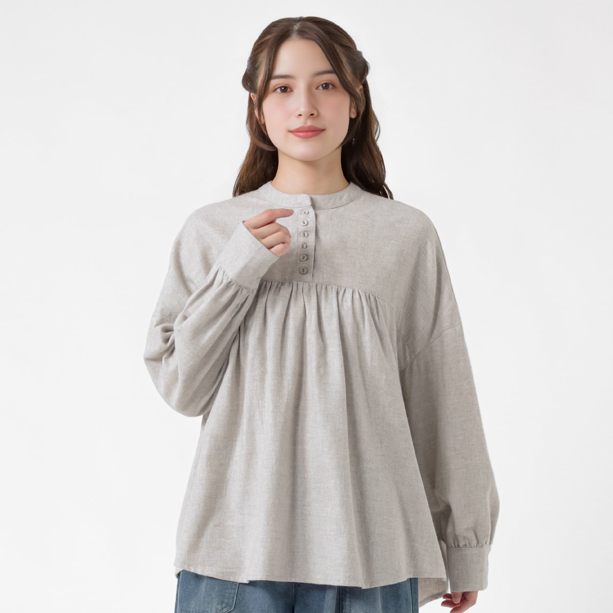 オーガニック綿糸 スタンドヘンリーブラウス レディス SELF+SERVICE(セルフ＋サービス) PLS-71271-SS(ウスグレー-L)
