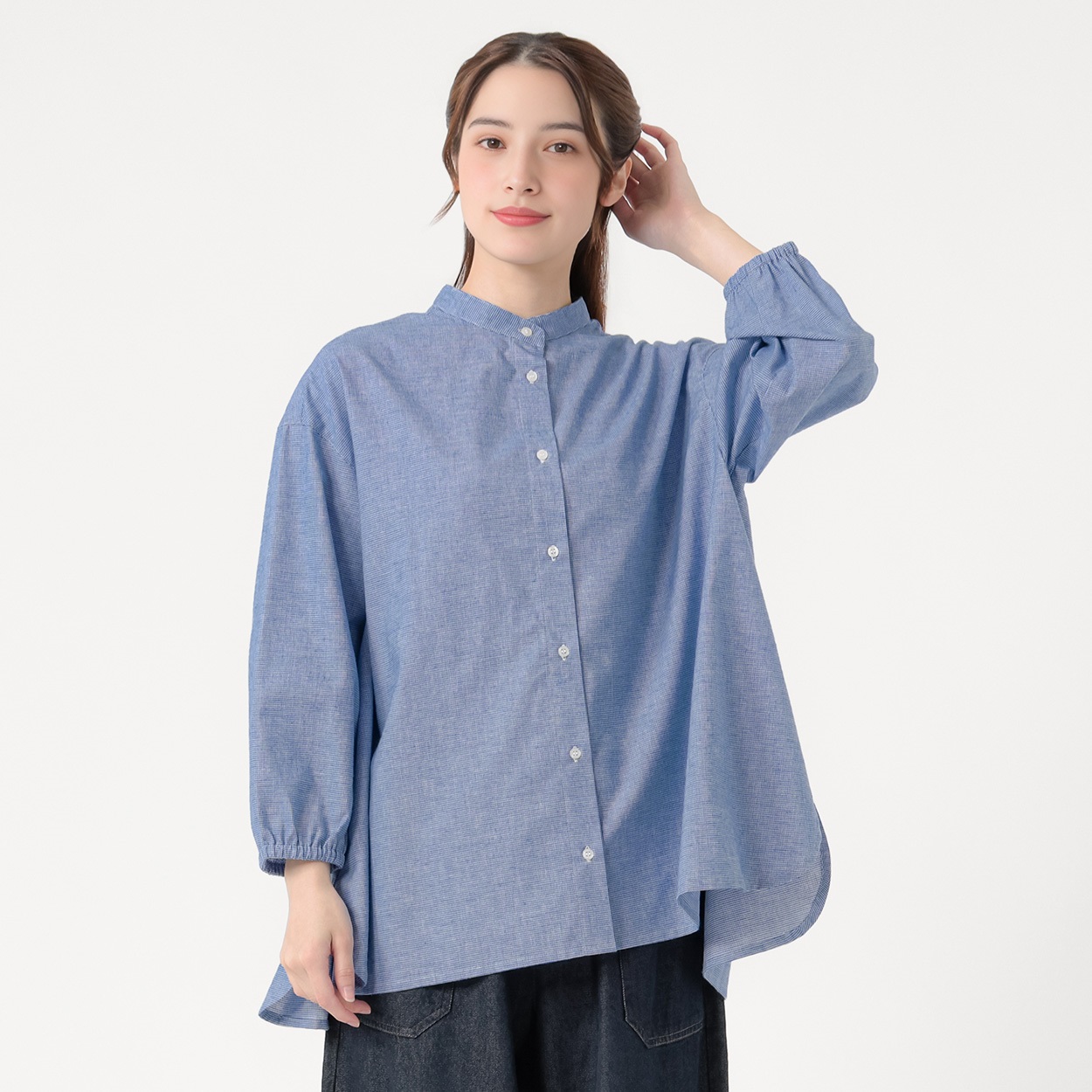 オーガニック綿糸 スタンドシャツ レディス SELF+SERVICE(セルフ＋サービス) PLS-71273-SS(Ａアオ(コチドリ)-M)