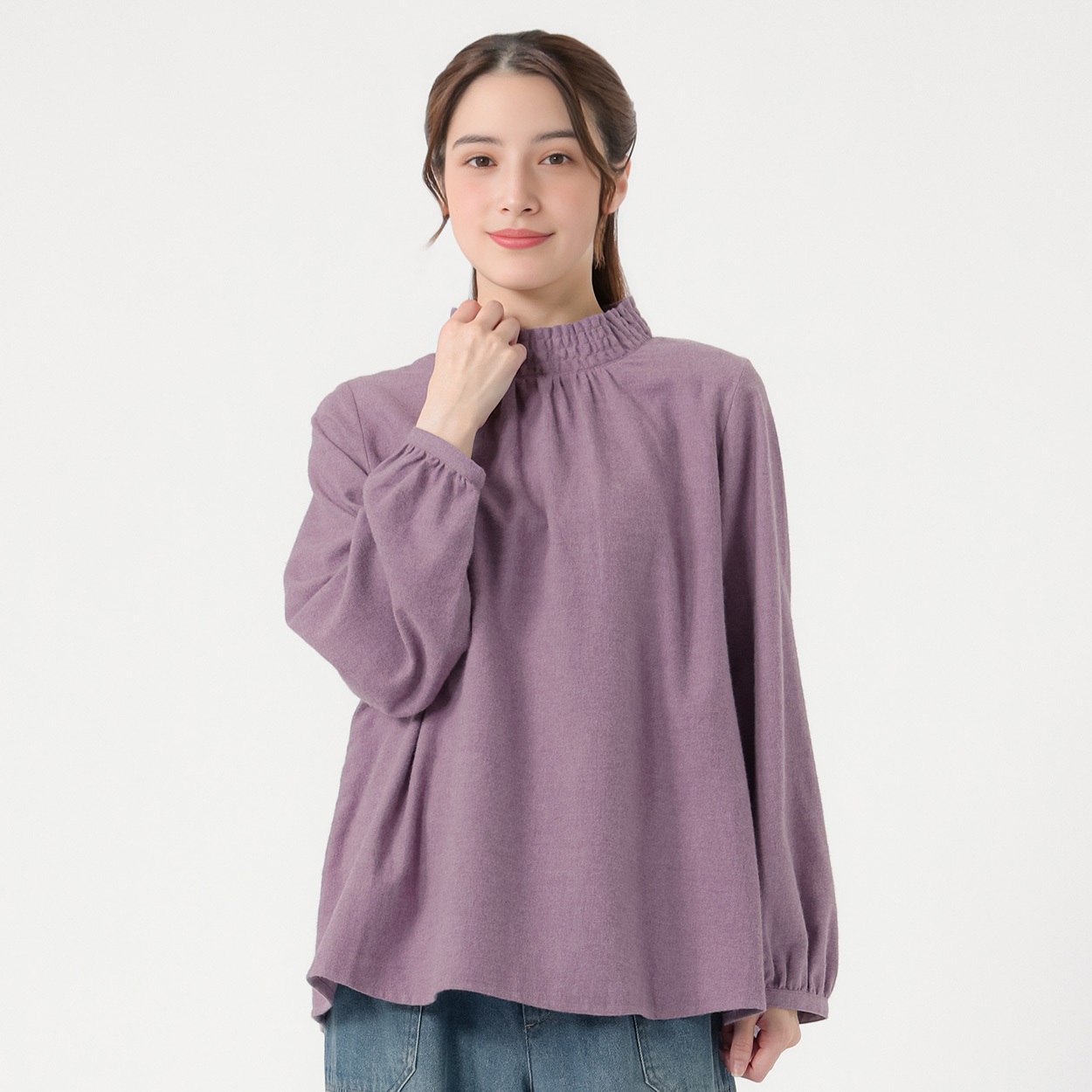 オーガニック綿糸 シャーリングネックブラウス レディス SELF+SERVICE(セルフ＋サービス) PLS-71275-SS(ムラサキ-L)