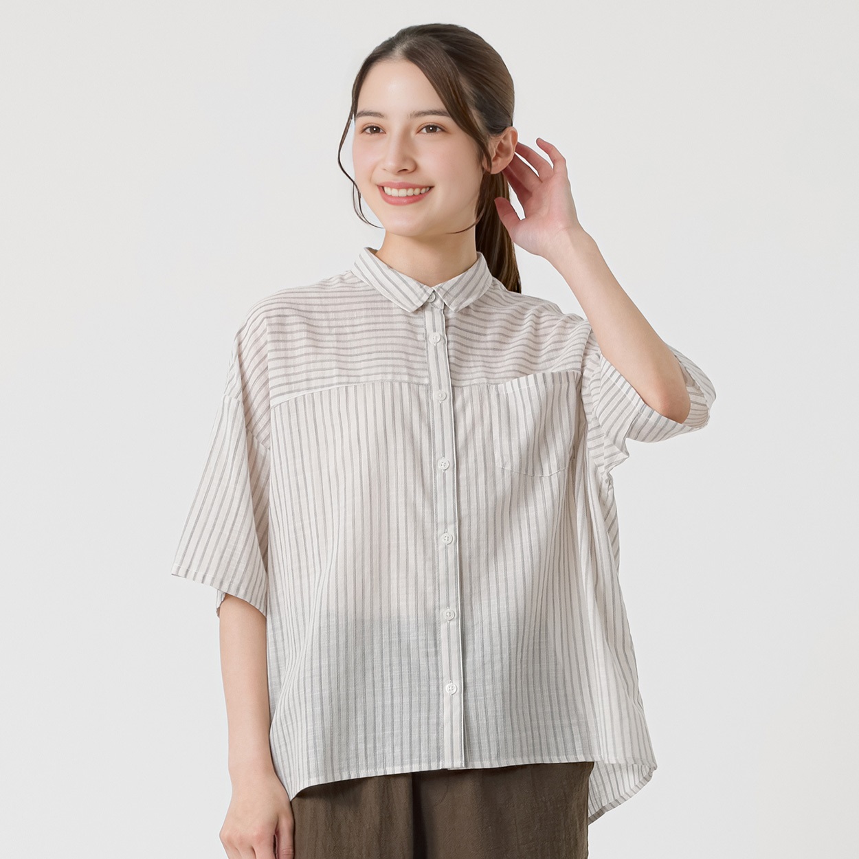 5分袖前開きシャツ オーガニック綿入 レディス SELF+SERVICE(セルフ＋サービス) HC261146-SS(シロ-L)