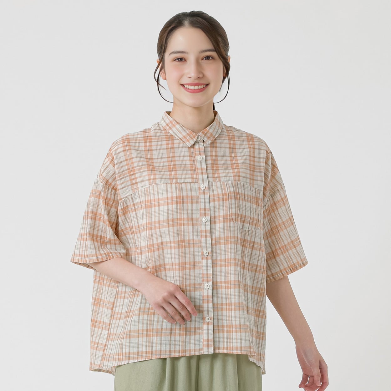 5分袖前開きシャツ オーガニック綿入 レディス SELF+SERVICE(セルフ＋サービス) HC261146-SS(ウスダイダイ-XL)