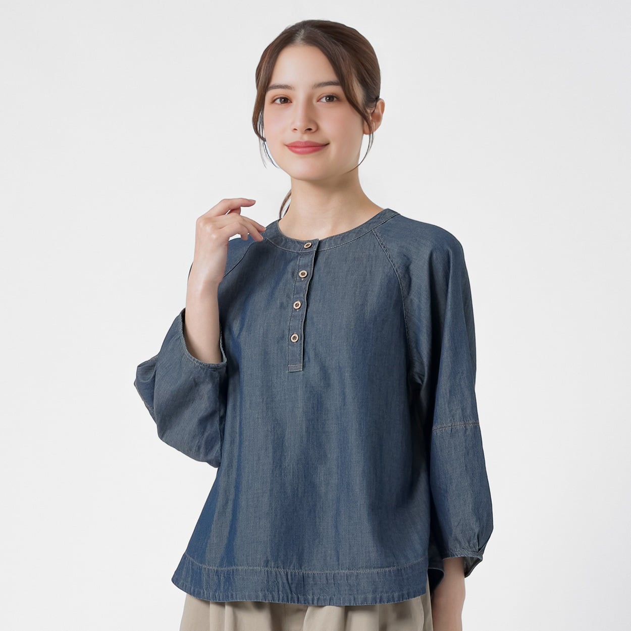 シアーデニムTブラウス オーガニック綿入 レディス SELF+SERVICE(セルフ＋サービス) CP323569-SS(アオ-L)
