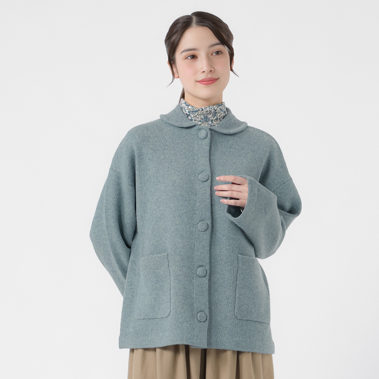ラム混襟付きニットジャケット レディス SELF+SERVICE(セルフ＋サービス) CP697511-SS(ウスアオ-XL)