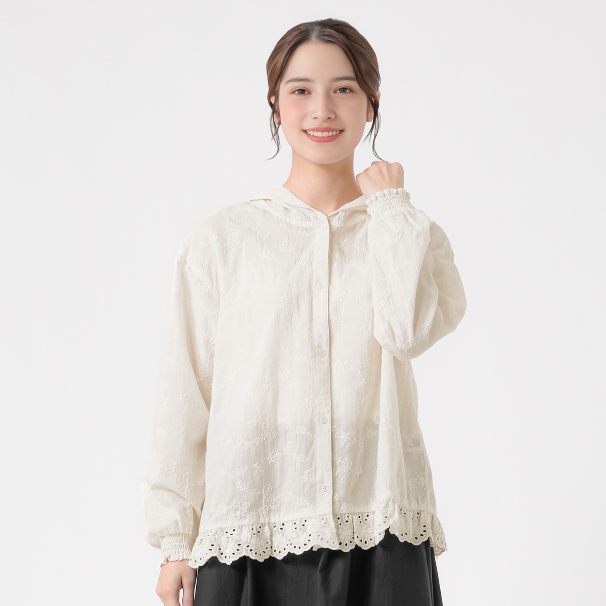 EXPAND オーガニック綿入刺繍フードブラウス レディス SELF+SERVICE(セルフ＋サービス) CL0133-SS(アイボリー-M)