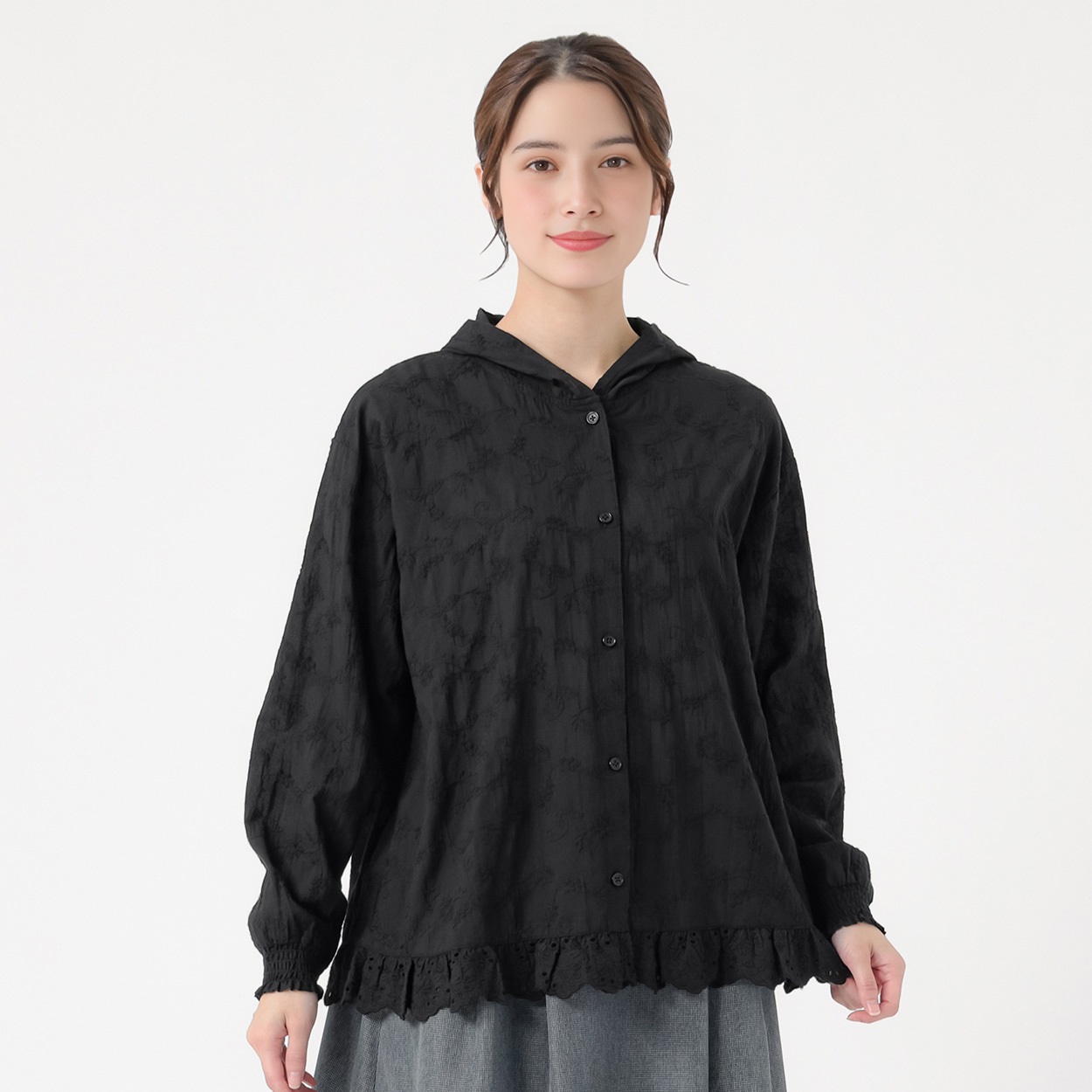 EXPAND オーガニック綿入刺繍フードブラウス レディス SELF+SERVICE(セルフ＋サービス) CL0133-SS(クロ-M)