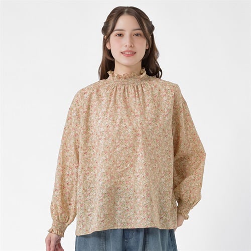 襟シャーリング花柄ブラウス オーガニックコットン入 レディス SELF+SERVICE(セルフ＋サービス) GL1266538-SS