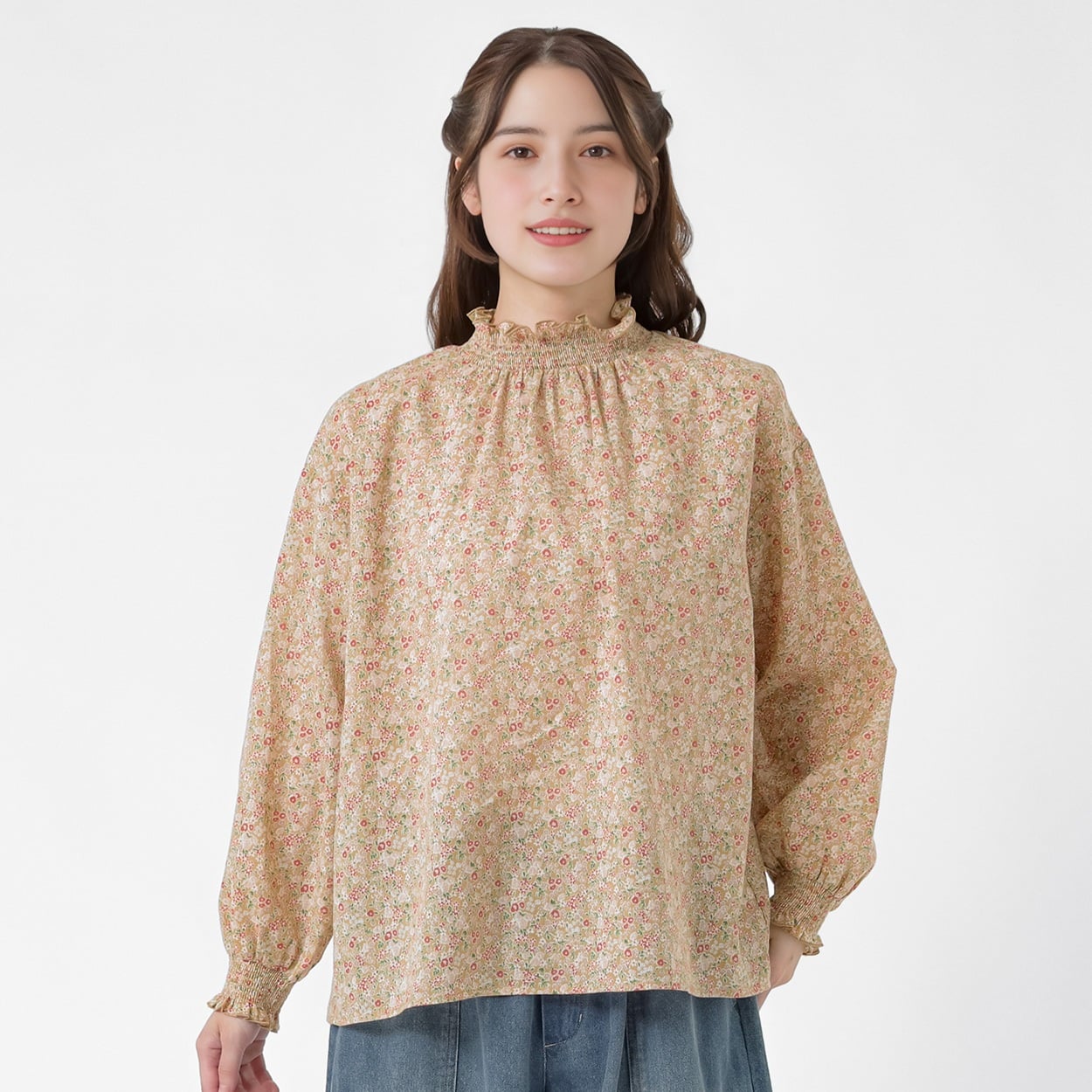 襟シャーリング花柄ブラウス オーガニックコットン入 レディス SELF+SERVICE(セルフ＋サービス) GL1266538-SS(キイロ-M)