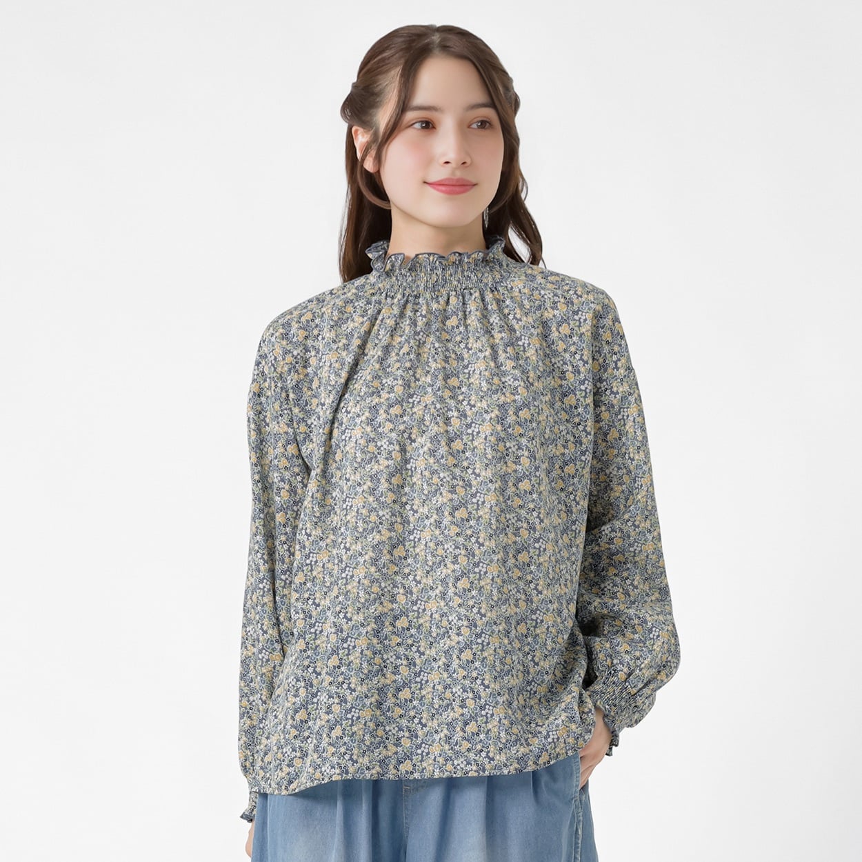 襟シャーリング花柄ブラウス オーガニックコットン入 レディス SELF+SERVICE(セルフ＋サービス) GL1266538-SS(Ａコイアオ-L)