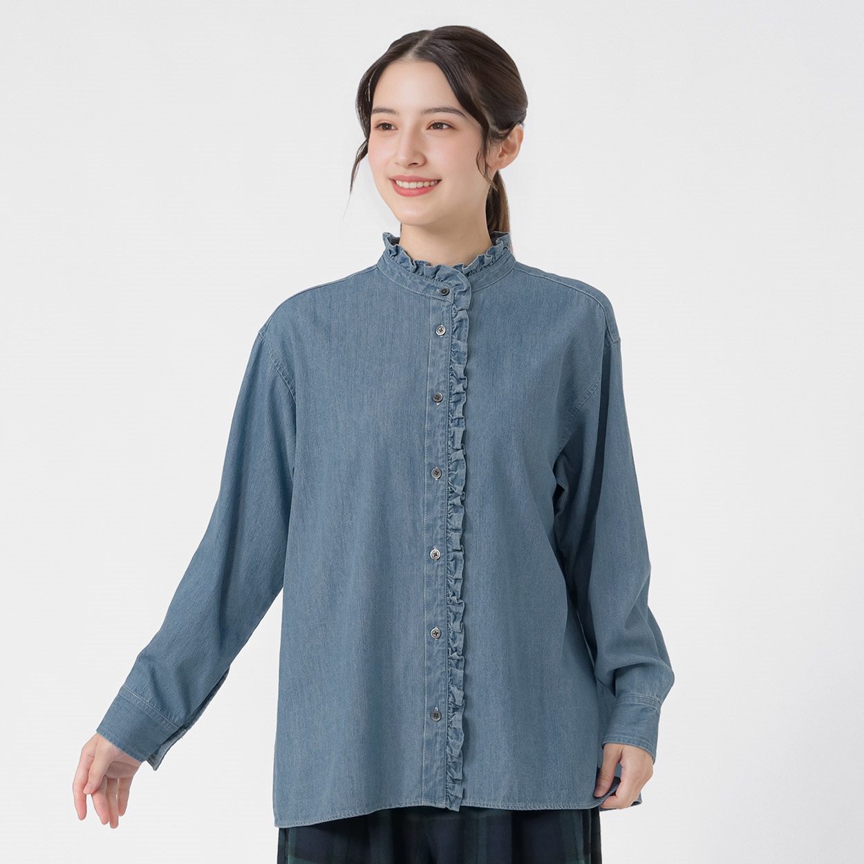 デニムフリルシャツ レディス SELF+SERVICE(セルフ＋サービス) SP26AW-TA04(アオ-L)
