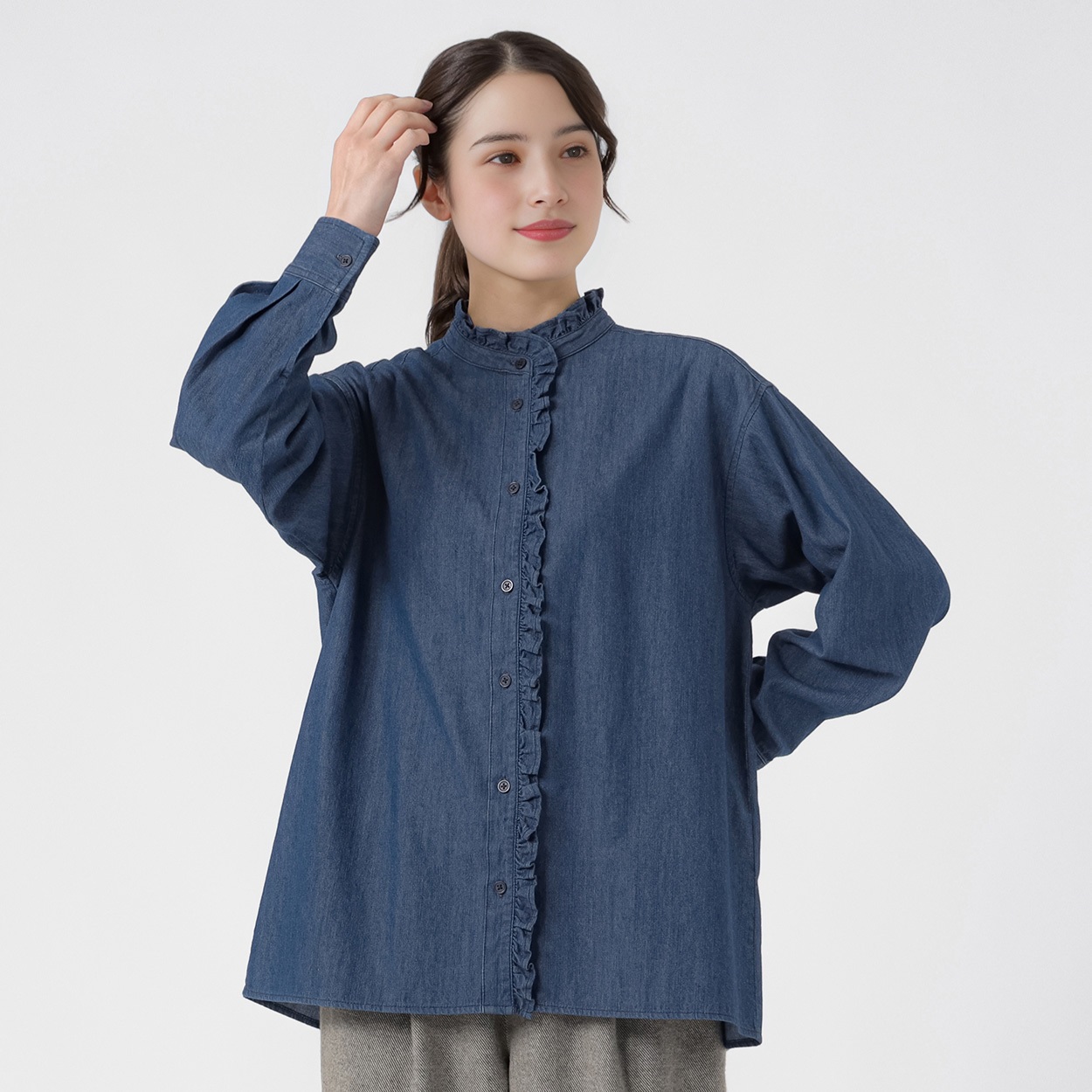 デニムフリルシャツ レディス SELF+SERVICE(セルフ＋サービス) SP26AW-TA04(コイアオ-M)