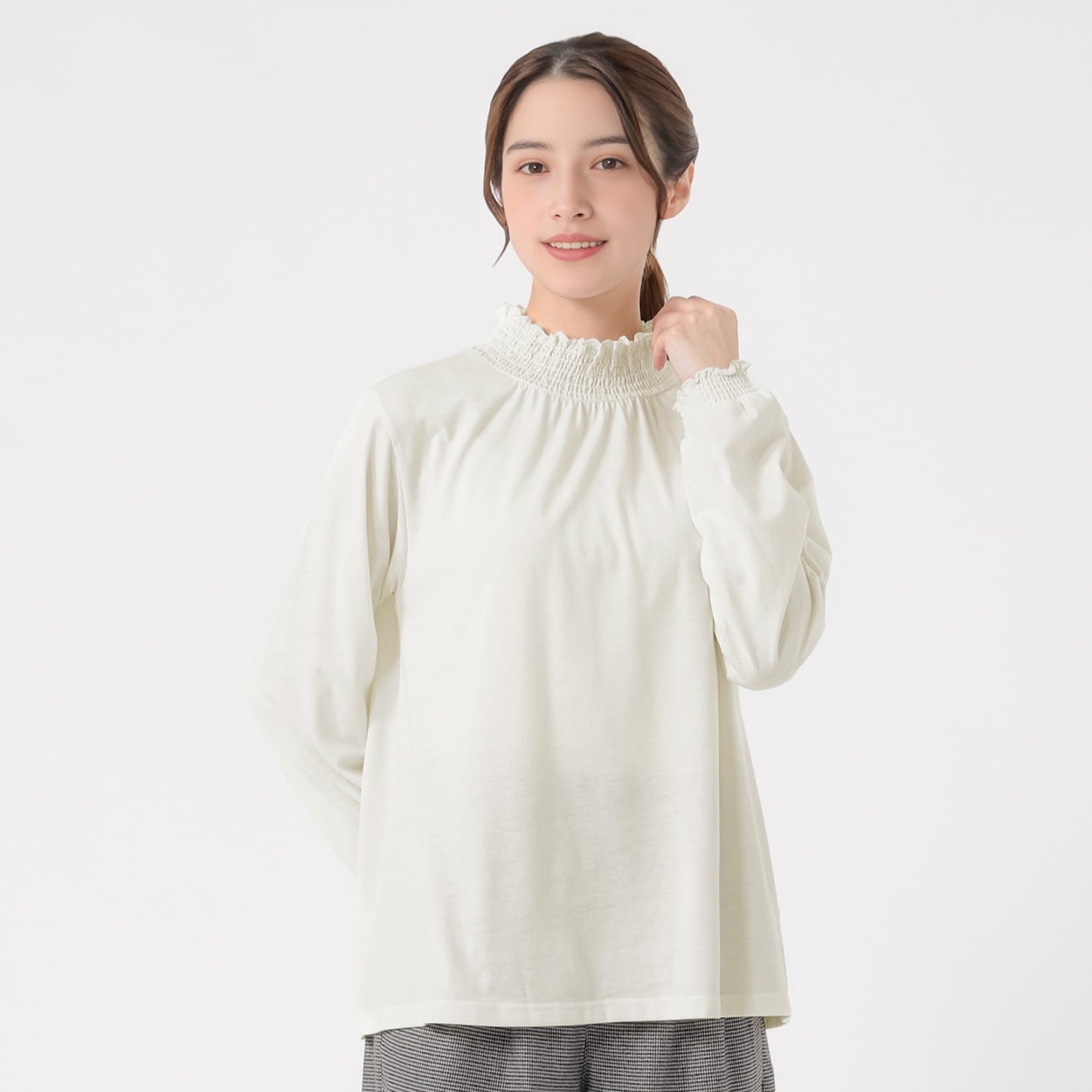 オーガニック綿混シャーリング襟Tシャツ  レディス SELF+SERVICE(セルフ＋サービス) P29101-SS(アイボリー-L)