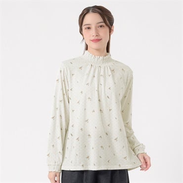 オーガニック綿混シャーリング襟Tシャツ  レディス SELF+SERVICE(セルフ＋サービス) P29101-SS(キナリ（花柄）-M)