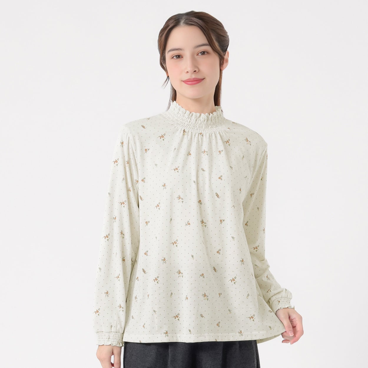 オーガニック綿混シャーリング襟Tシャツ  レディス SELF+SERVICE(セルフ＋サービス) P29101-SS(キナリ（花柄）-L)
