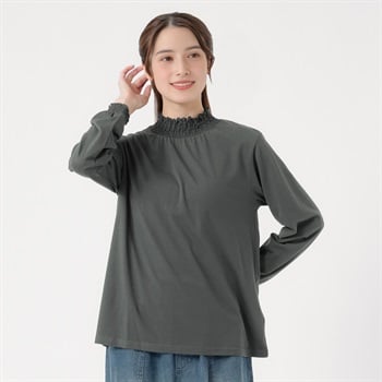 オーガニック綿混シャーリング襟Tシャツ  レディス SELF+SERVICE(セルフ＋サービス) P29101-SS(ウスクロ-M)