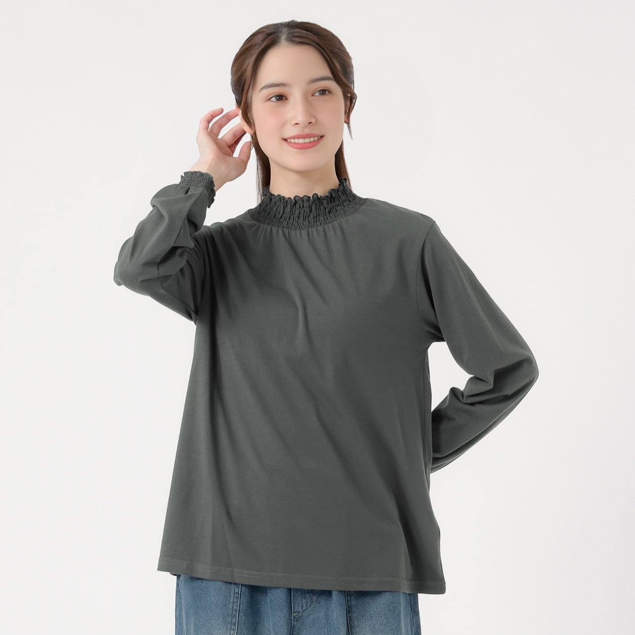 オーガニック綿混シャーリング襟Tシャツ  レディス SELF+SERVICE(セルフ＋サービス) P29101-SS(ウスクロ-L)