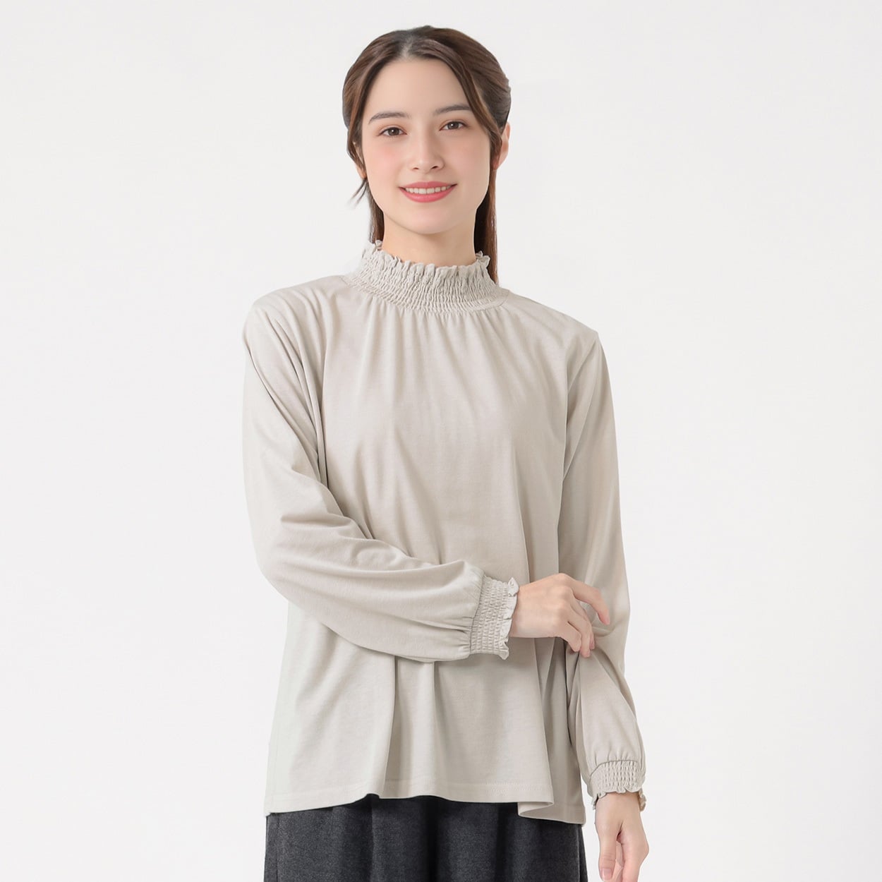 オーガニック綿混シャーリング襟Tシャツ  レディス SELF+SERVICE(セルフ＋サービス) P29101-SS(ウスチャ-M)