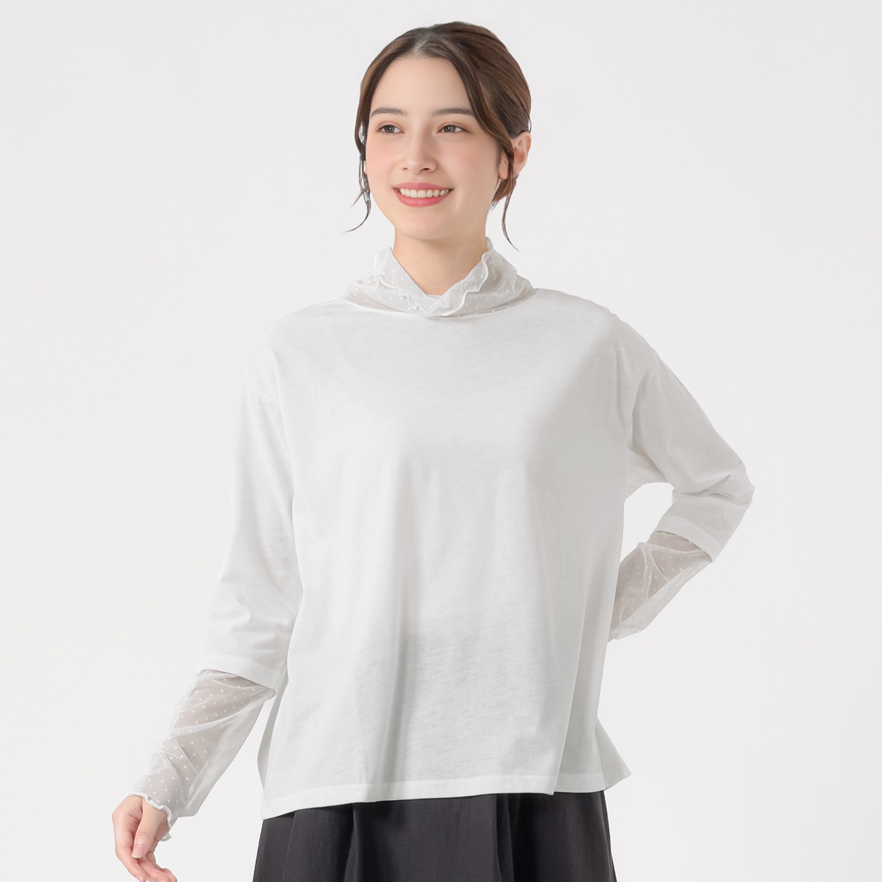 オーガニック綿混チュール切替Tシャツ レディス SELF+SERVICE(セルフ＋