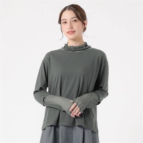 オーガニック綿混チュール切替Tシャツ レディス SELF+SERVICE(セルフ＋サービス) P29102-SS(ウスクロ-M)