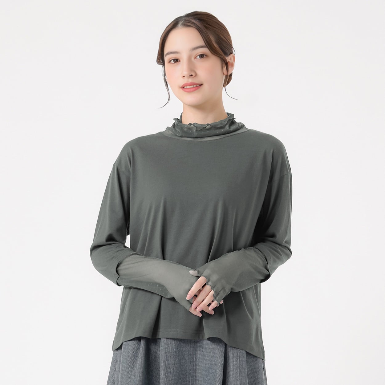 オーガニック綿混チュール切替Tシャツ レディス SELF+SERVICE(セルフ＋サービス) P29102-SS(ウスクロ-M)