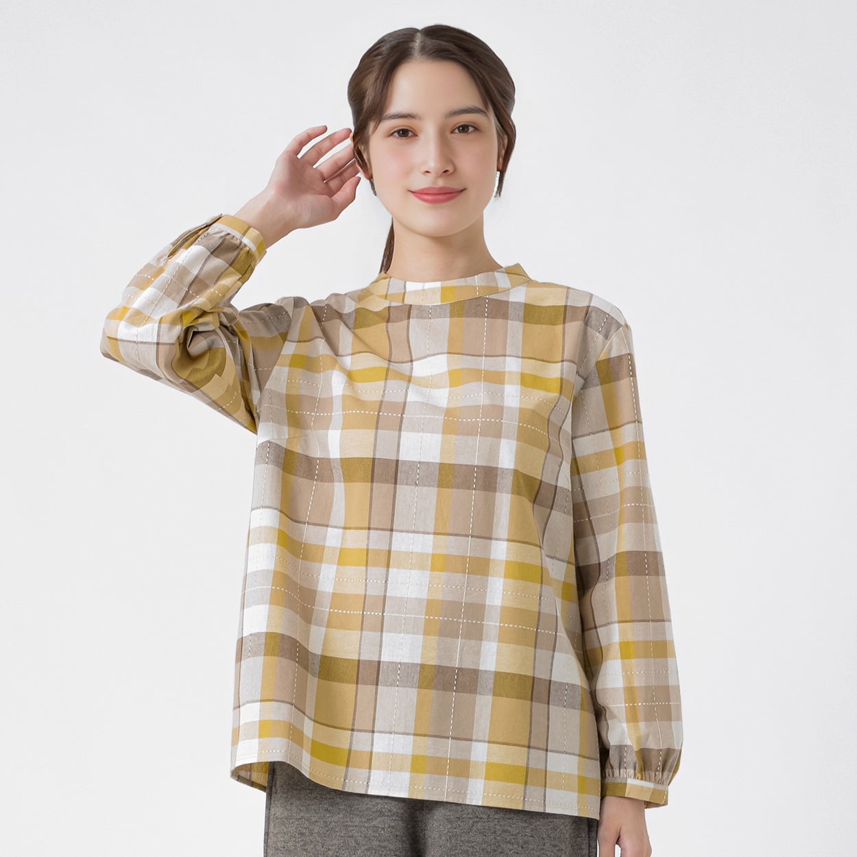 刺し子ドビーチェックブラウス オーガニックコットン入 レディス SELF+SERVICE(セルフ＋サービス) GL1266535-SS(キイロ-M)