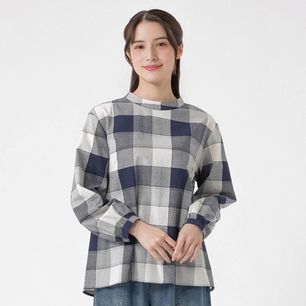 刺し子ドビーチェックブラウス オーガニックコットン入 レディス SELF+SERVICE(セルフ＋サービス) GL1266535-SS(Ａコイアオ-L)