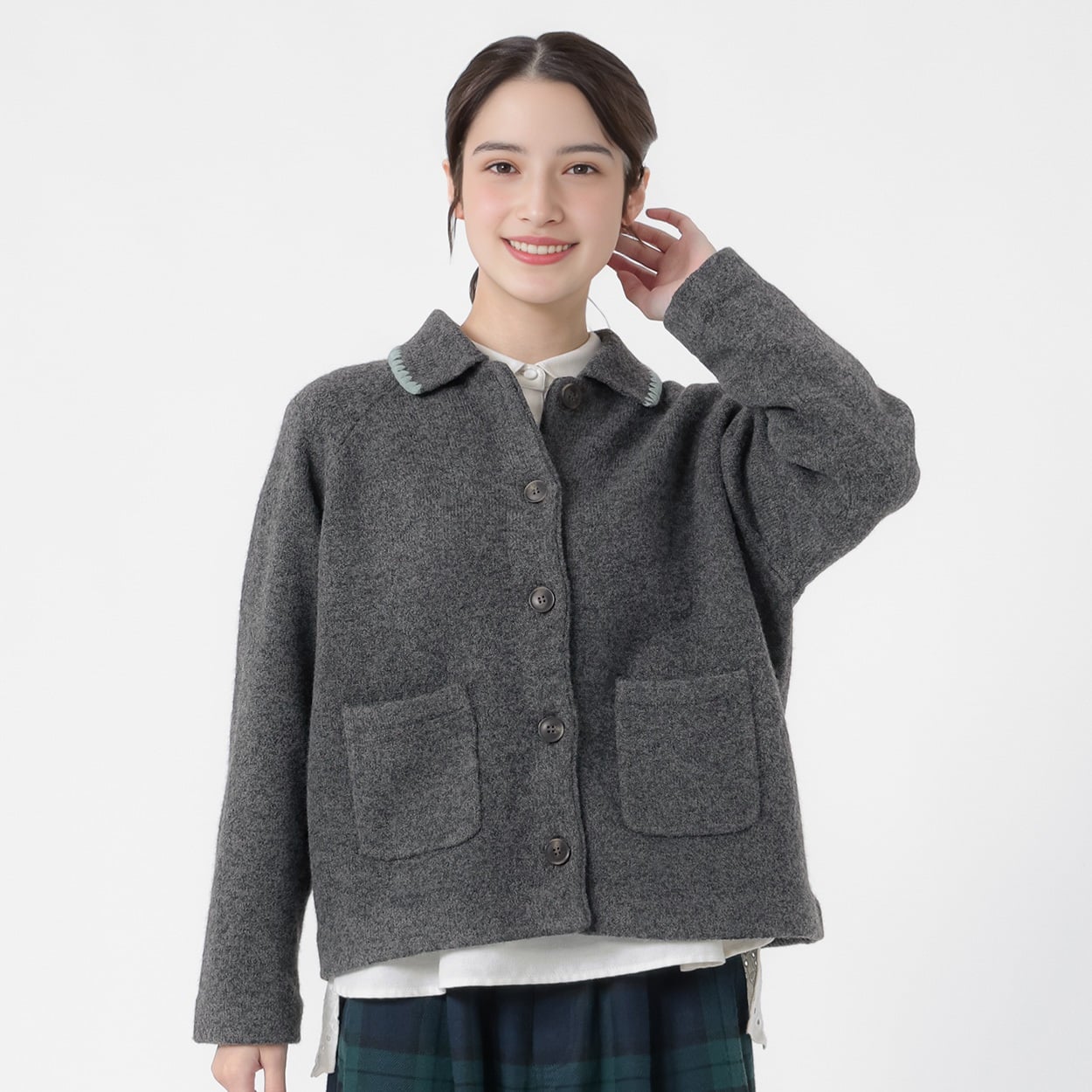 襟刺繍ニットジャケット レディス SELF+SERVICE(セルフ＋サービス) CP697530-SS(チャコ－ルグレ－-L)
