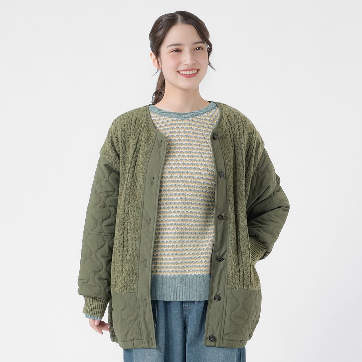 ニット切り替えキルトコート レディス SELF+SERVICE(セルフ＋サービス) SP26AW-SEL-06(Ａウスミドリ-L)