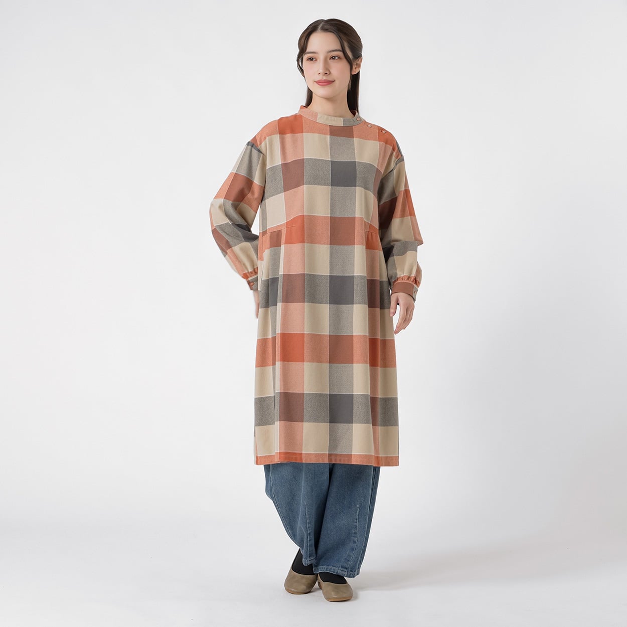 梨地織りワンピース オーガニックコットン入 レディス SELF+SERVICE(セルフ＋サービス) GL1266631-SS(チャ-XL)