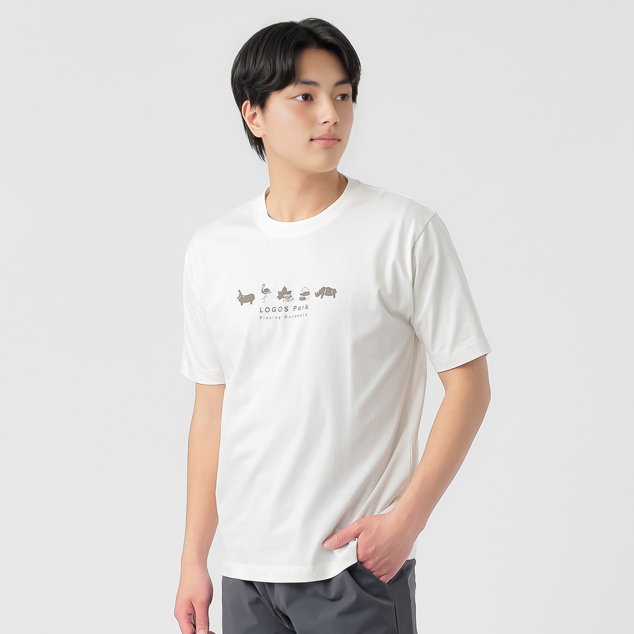 綿タッチプリントTシャツ 吸汗速乾 メンズ(シロ-L)