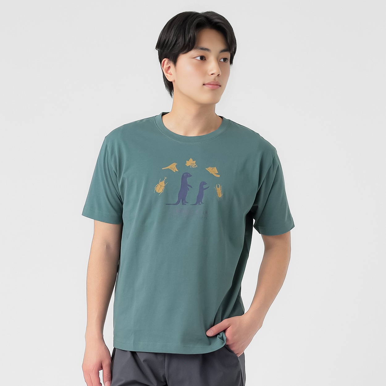 綿タッチプリントTシャツ 吸汗速乾 メンズ(ミドリ-XL)