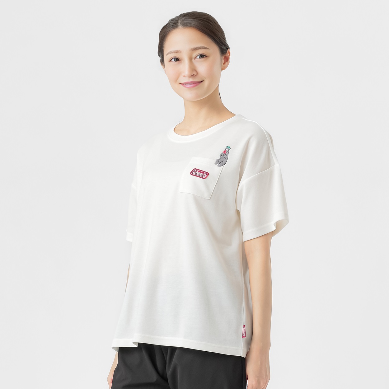 Tシャツ 肌離れがよい裏メッシュ 動物モチーフデザイン レディス(シロ-L)