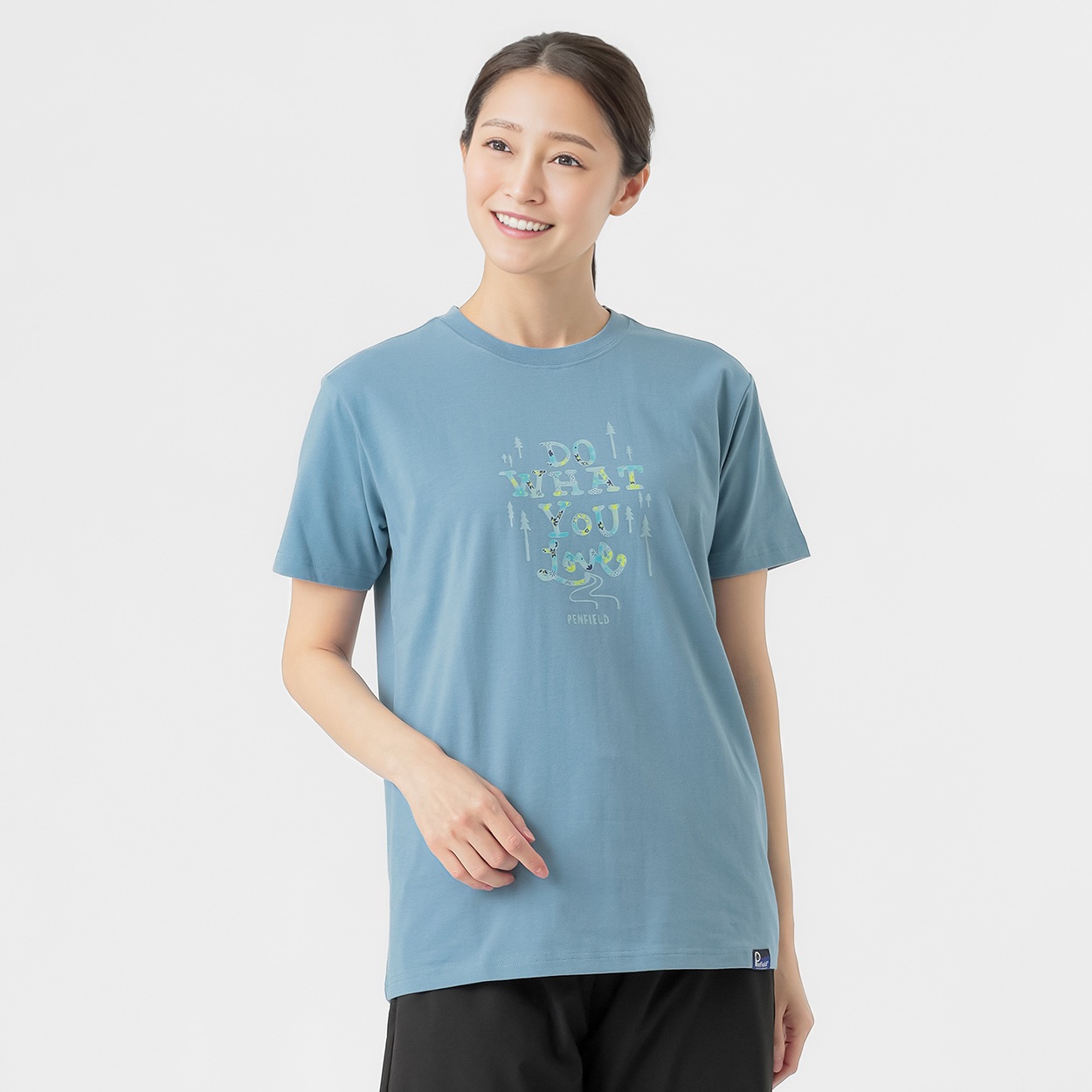 半袖Ｔシャツ グラフィックプリント プレーティング天竺 レディス(アオ-M)