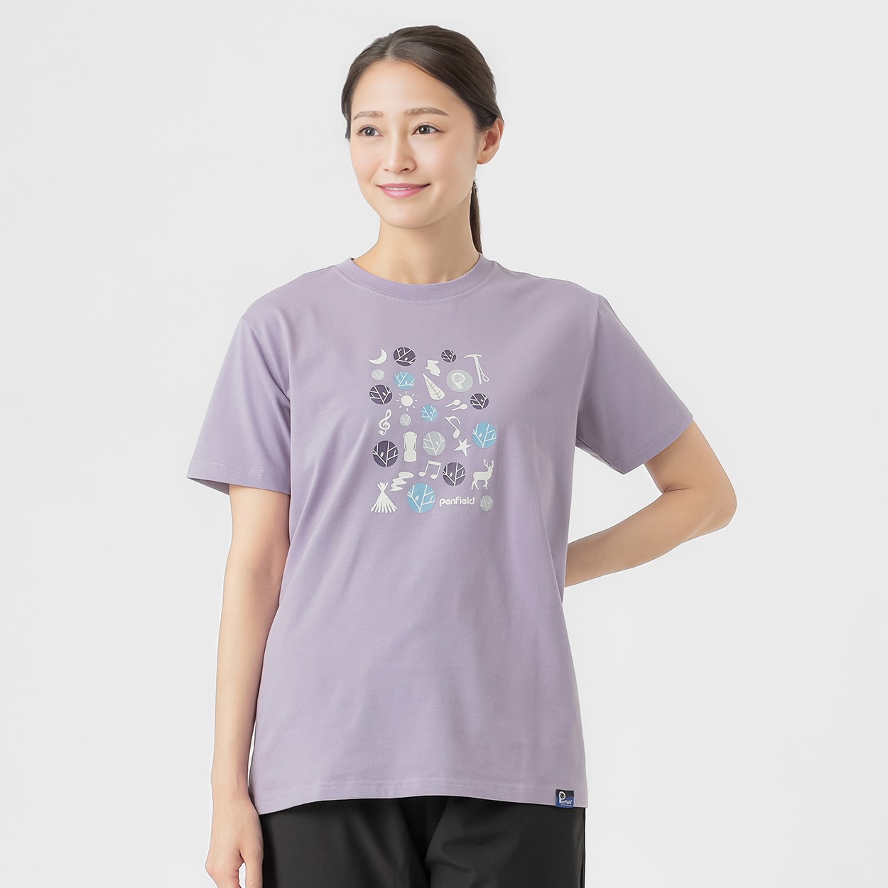 半袖Ｔシャツ グラフィックプリント プレーティング天竺 レディス(ウスムラサキ-L)