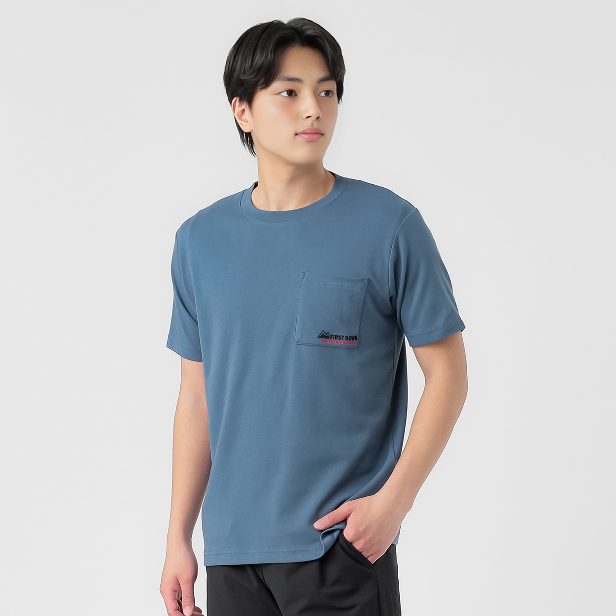 FIRST DOWN EXPLORATION GEAR カットソー アイスコットン胸ポケット刺繡Tシャツ メンズ(アオ-L)
