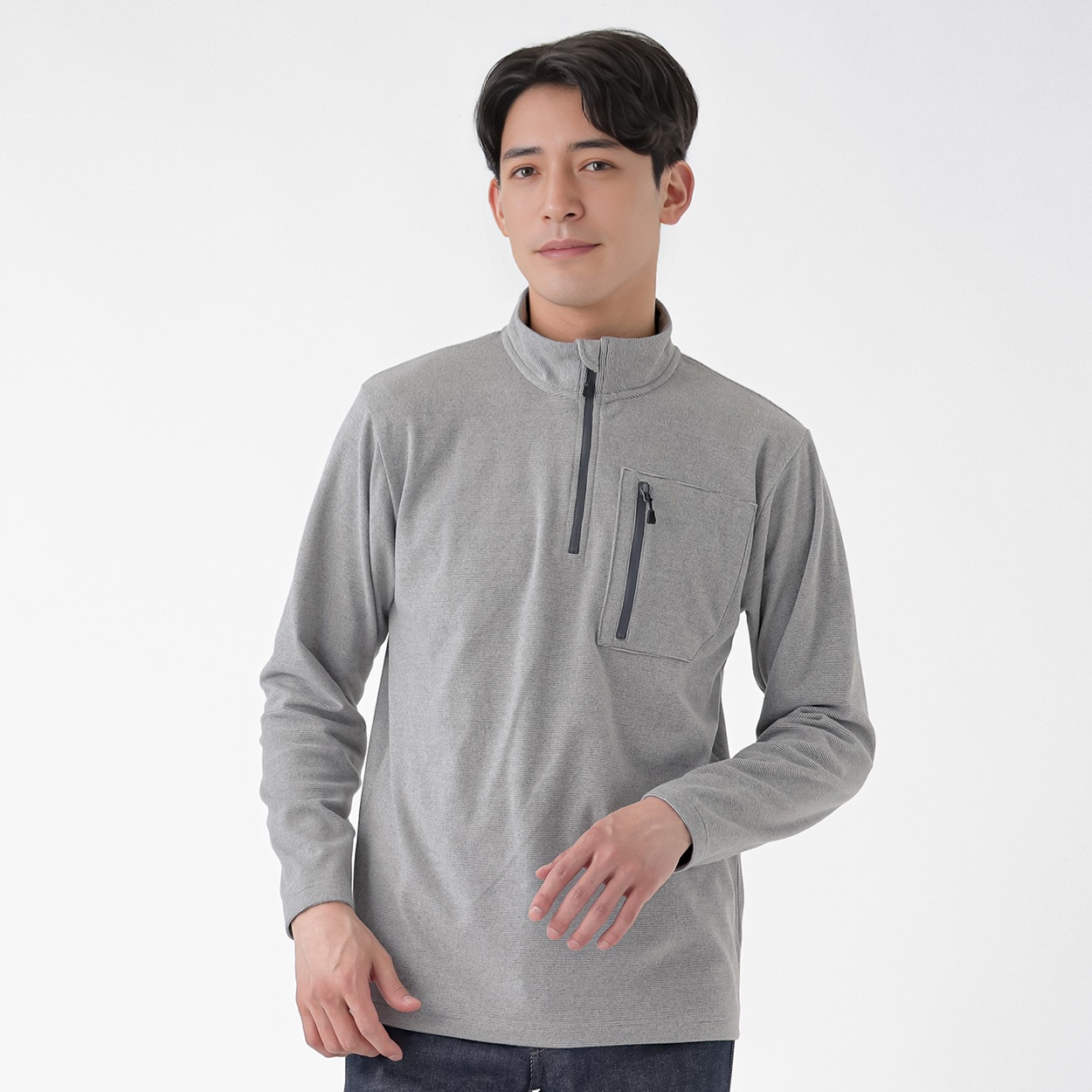 やわらかフリースハーフジップTシャツ ストレッチ メンズ(ウスクロ-L)