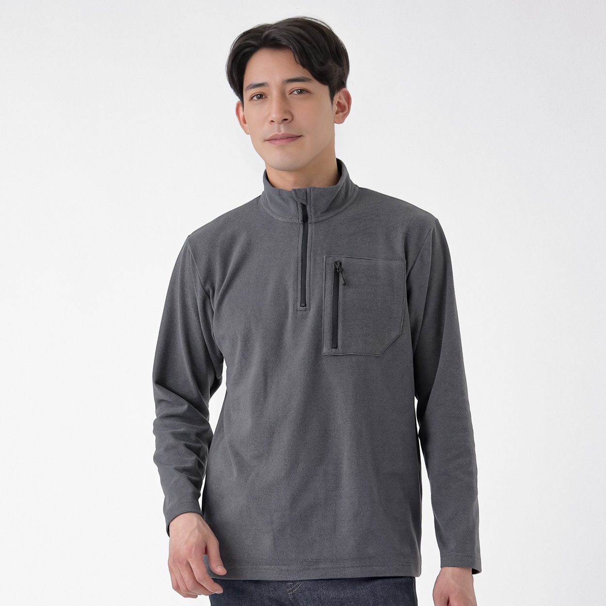 やわらかフリースハーフジップTシャツ ストレッチ メンズ(チャコ－ルグレ－-XL)