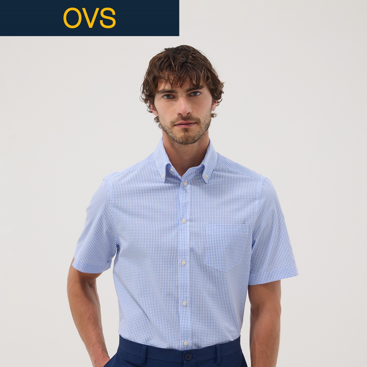 OVS（オヴィエッセ） 綿混半袖チェックシャツ 2692703(ホワイト/ブルー-L)