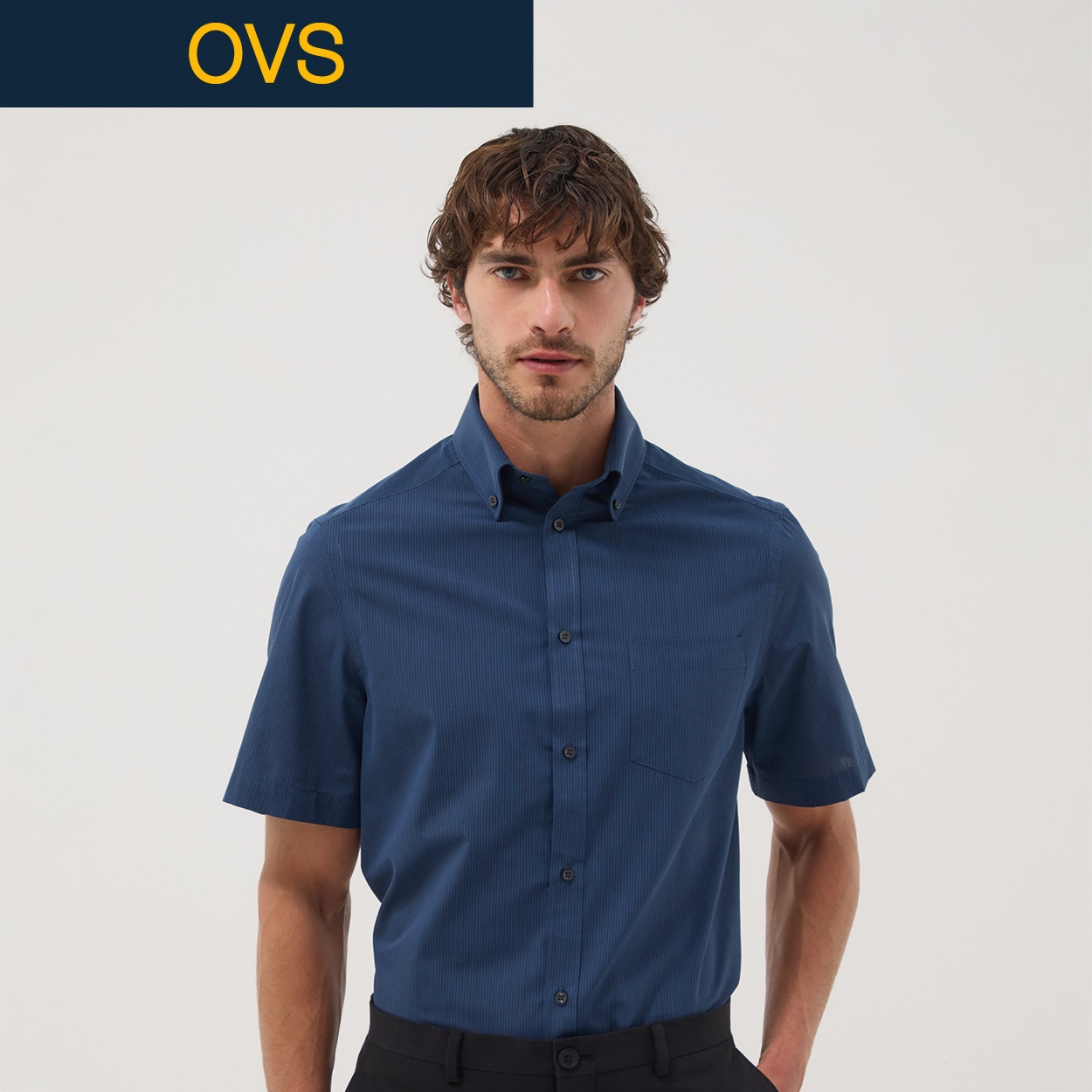 OVS（オヴィエッセ） 綿混半袖ストライプシャツ 2692726(ブラック/ブルー-M)