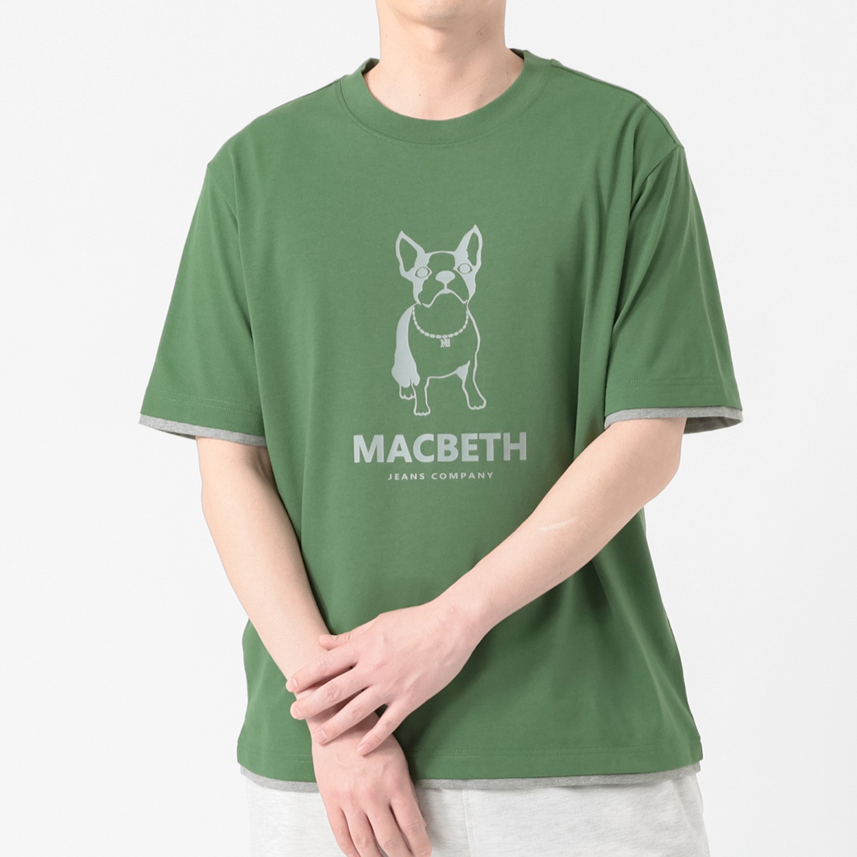 MACBETH フェイクレイヤードTシャツ メンズ(ミドリ-L)