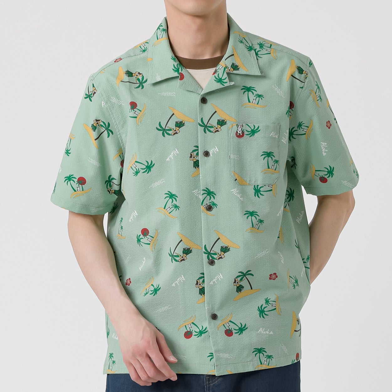 MACBETH(マクベス) 半袖ヤシの木柄シャツ メンズ(ミドリ-XL)