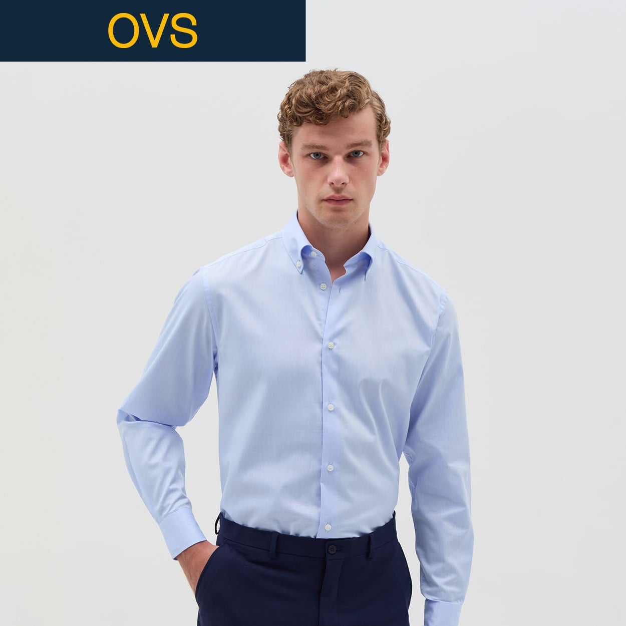 OVS（オヴィエッセ） 綿１００％長袖レギュラーシャツ 1816641(ソフトブルー-XL)