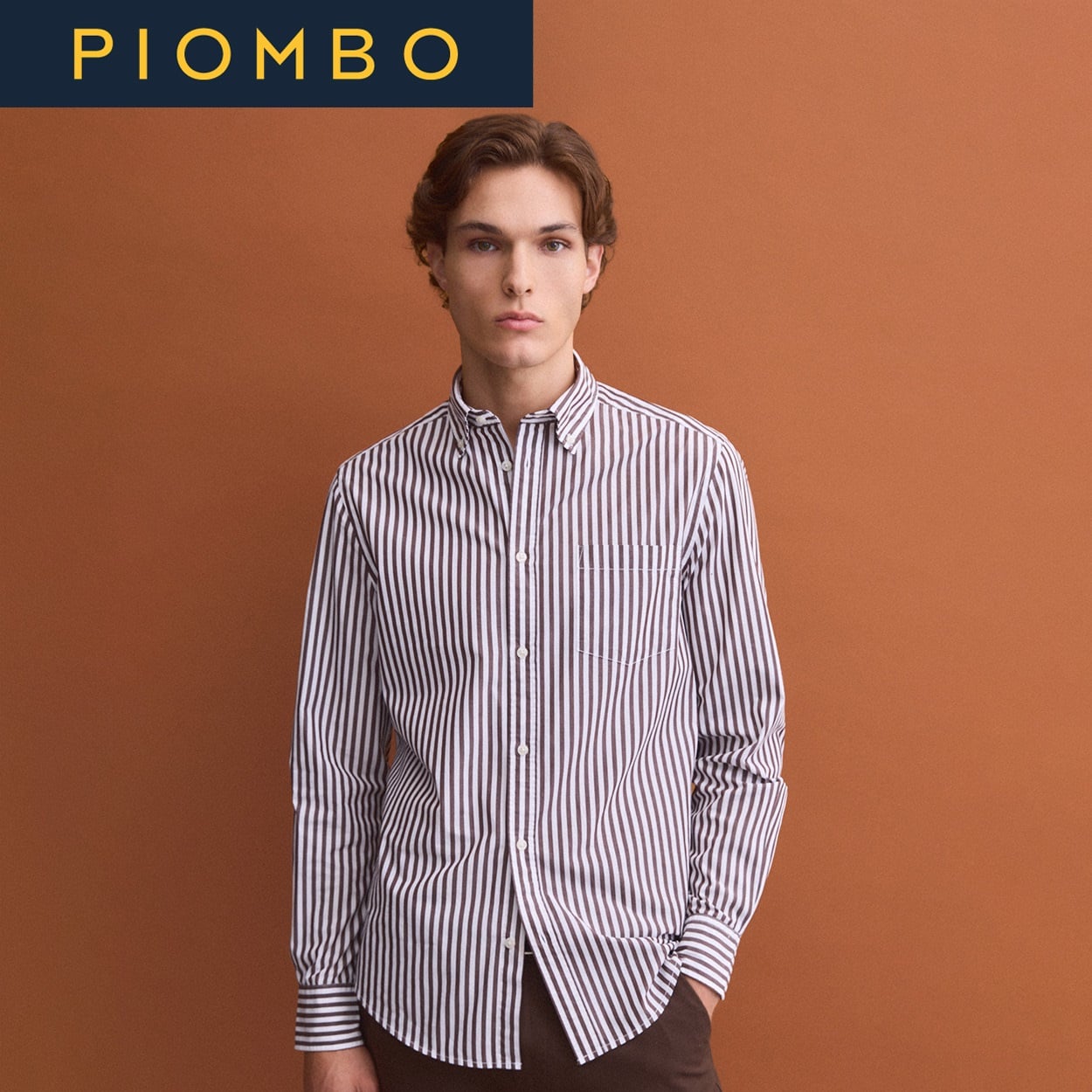 PIOMBO（ピオンボ） コットンストライプ柄シャツ 2839981(ホワイト/ブラウン-XL)