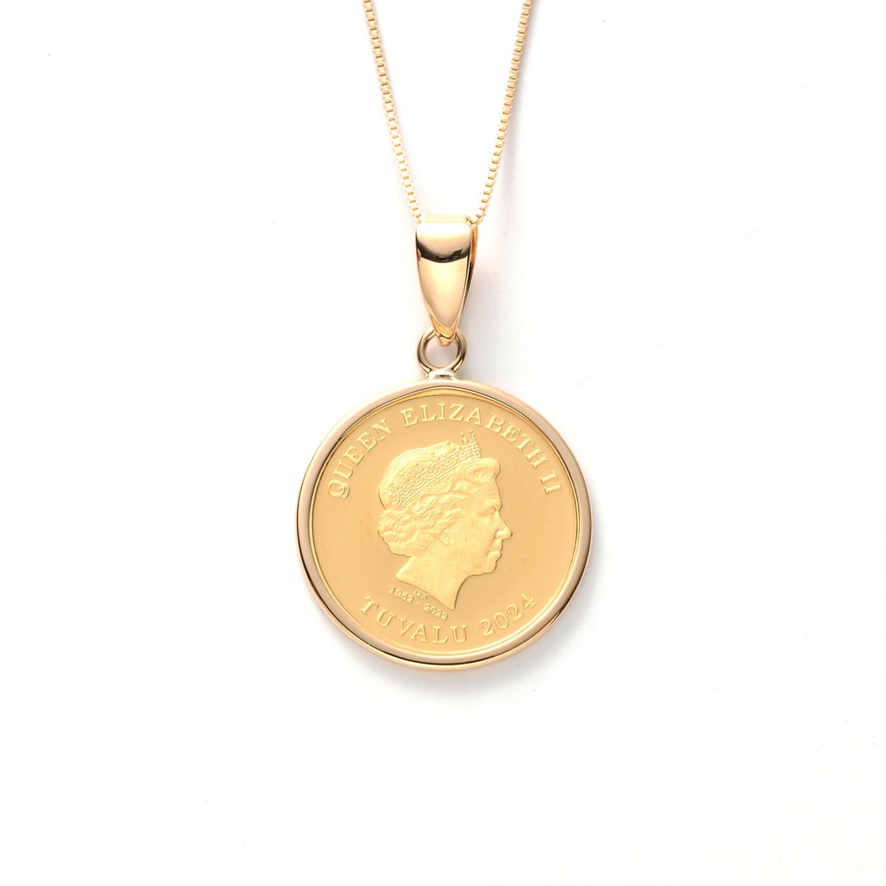24金エリザベス女王ホースデザイン・18金枠1/25オンスコインネックレス