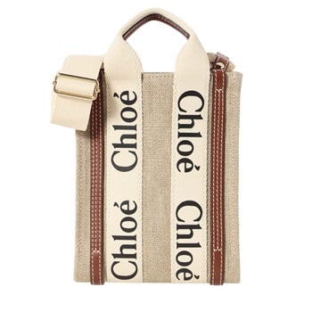 CHLOE(クロエ) リネン製Woodyノース-サウスミニトートバッグ CHC24AP243 I26 90U<08 予約会>(ホワイト/ブラウン-フリー)
