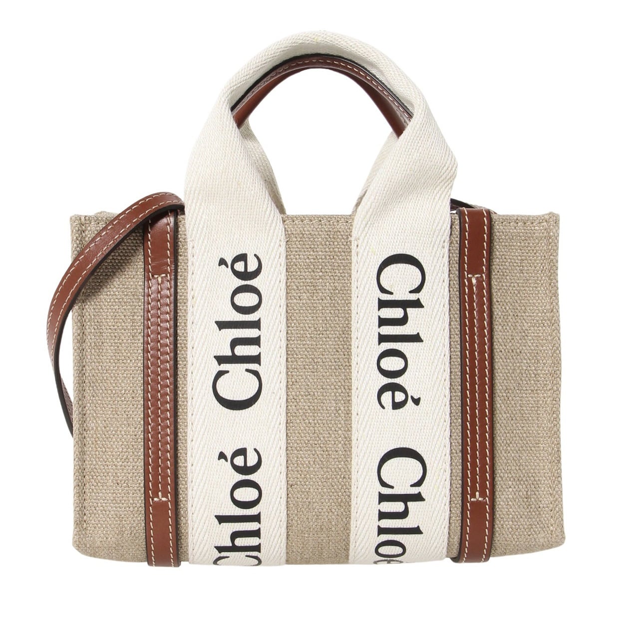 CHLOE(クロエ) WOODYミニトートバッグ CHC22AP237 I26 90U<11 3日間>(ホワイト/ブラウン-フリー)