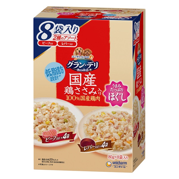 グラン・デリ 国産鶏ささみパウチ ほぐし 成犬用 ビーフ入り&レバー入り 80g×8袋 Gran-Deli ユニ・チャーム(80g×8袋)