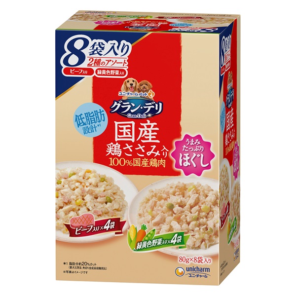グラン・デリ 国産鶏ささみパウチ ほぐし 成犬用 ビーフ入り&緑黄色野菜入り 80g×8袋 Gran-Deli ユニ・チャーム(80g×8袋)