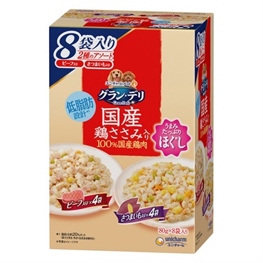 グラン・デリ 国産鶏ささみパウチ ほぐし 成犬用 ビーフ入り&さつまいも入り 80g×8袋 Gran-Deli ユニ・チャーム